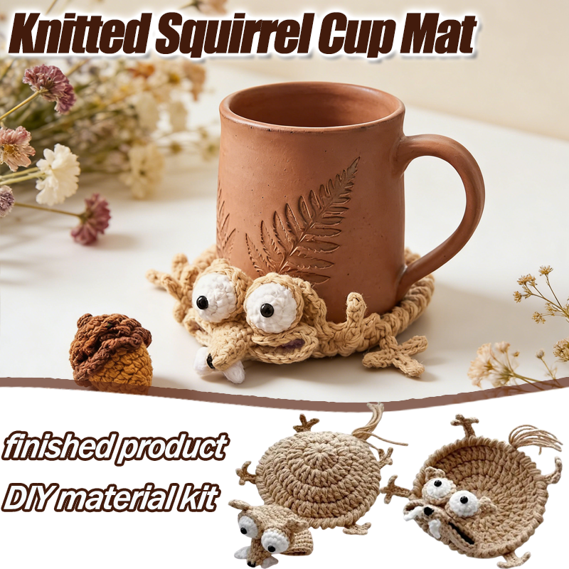 Coffee Tea Knits - Cute Knitted Squirrel Coasters Handwoven Shaped